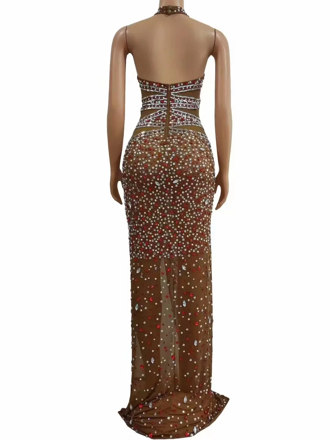 Customized New Sexy Lace Transparent Diamond Pearl Sequins  Water Diamond Wrap Hip Dress Party Dress Performance Longuette