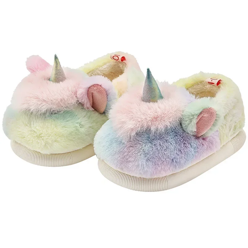 Winter Aged 2-10 Girls Unicorn Antiskid Cotton Shoes Children\'s Cartoon Home Indoor Mule Plush Slippers Warm Furry Kids Footwear