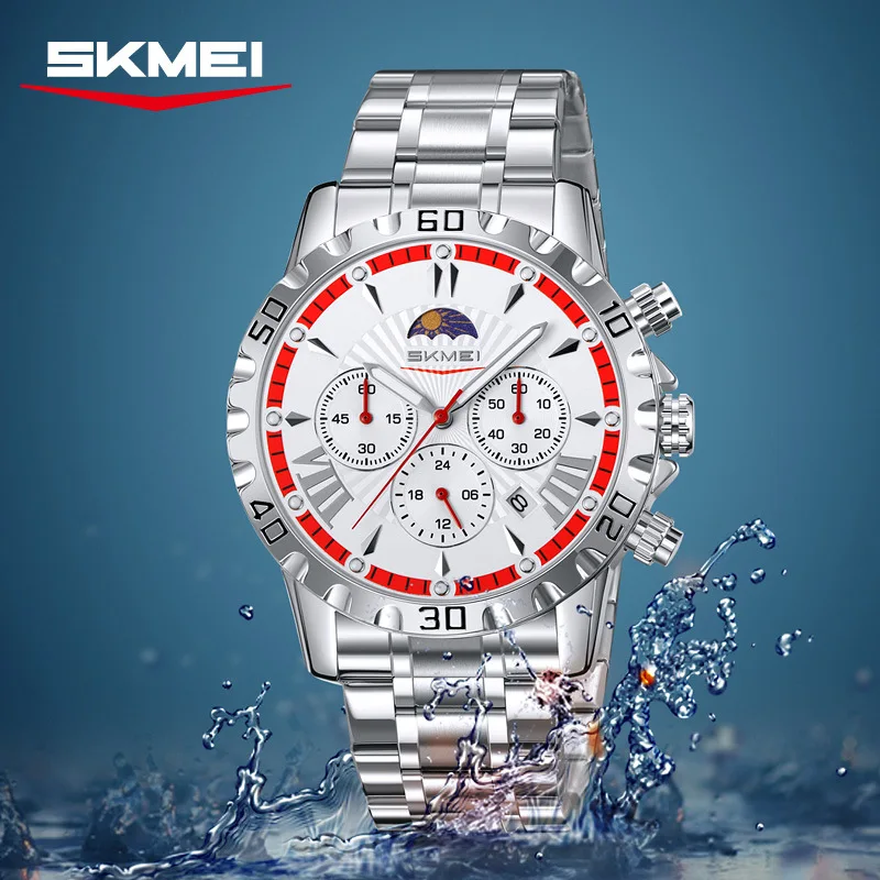 

SKMEI Sun, Moon, and Stars Multifunction Three-Hand Watch for Men, Business Luminous Waterproof Wristwatch