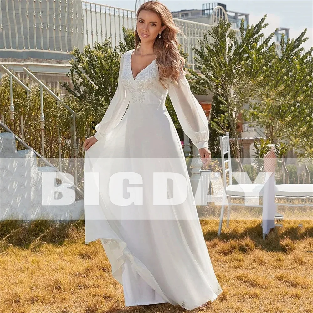 Elegante A-Linie Brautkleider V-Ausschnitt lange Puff ärmel Spitze Chiffon Reiß verschluss zurück Brautkleid bodenlangen Vestidos de Noiva