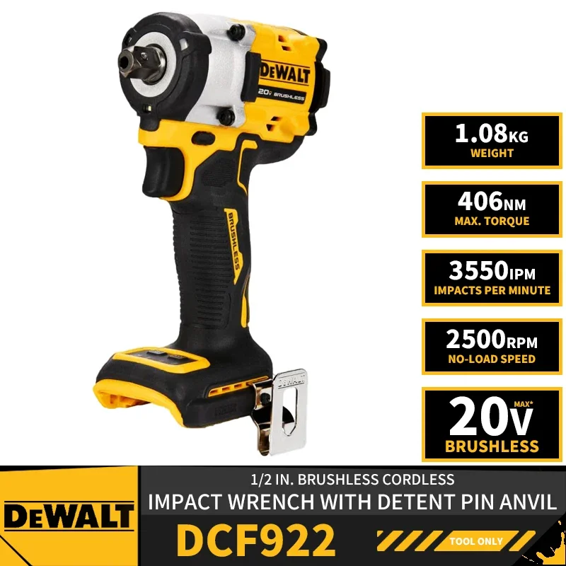 DCF922 1/2in Brushless Cordless Impact Wrench with Detent Pin Anvil 20V Lithium Power Tools 2500RPM 3550IPM 406NM