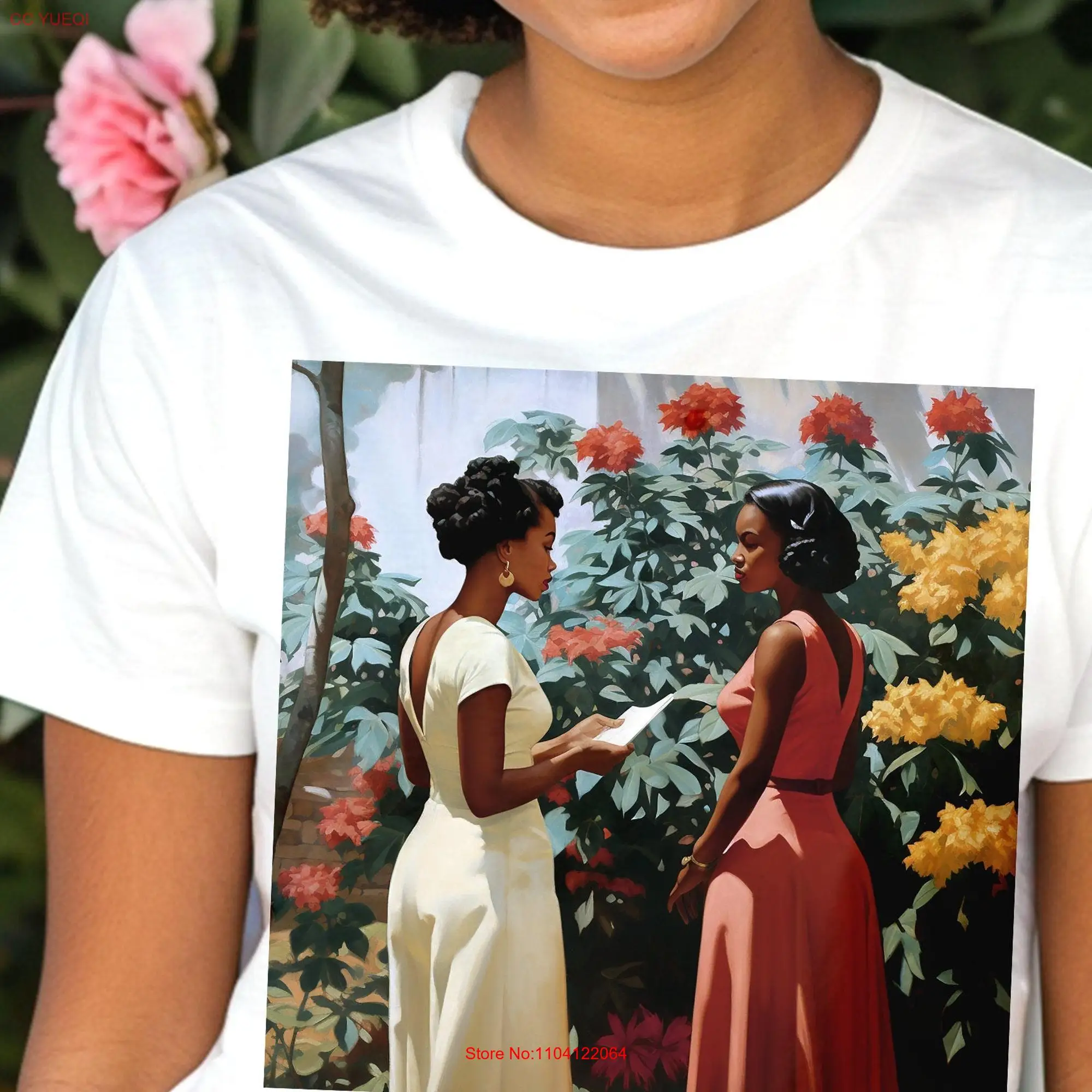 Black Women in Garden T Shirt African American Best Friends Brown Sistahs Floral Design Adult Vintage Style