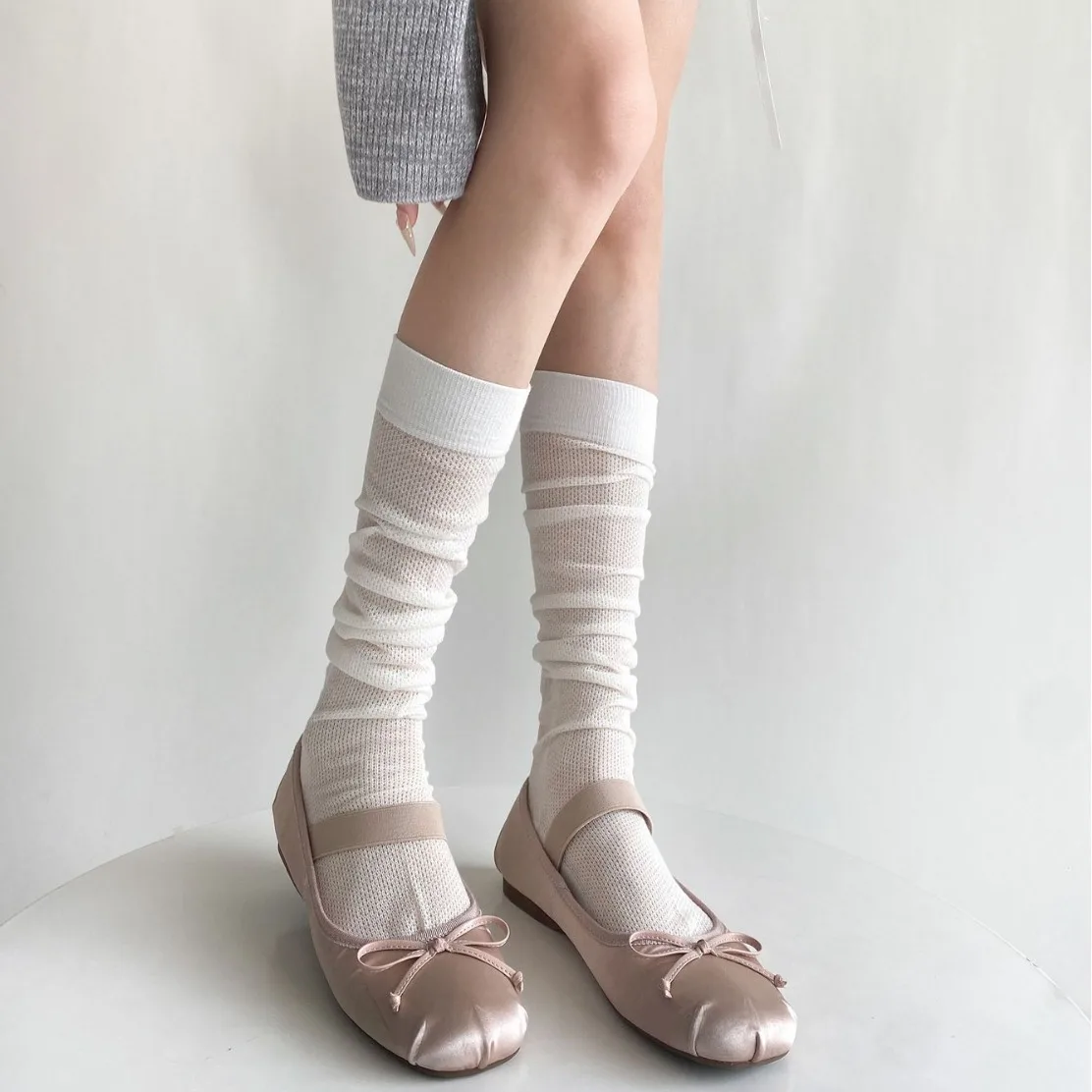 Lolita Sweet Girls Summer Long Socks Women Bandage Ribbon Bow Kawaii Cute Middle Tube Socks Ballet Style Solid Color Thin Socks