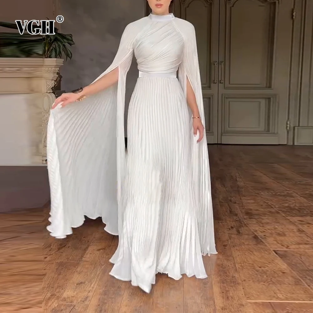 

VGH Solid Slimming French Style Vintage Dresses For Women Stand Collar Long Sleeve High Waist Draped Chic Dress Female Fashion