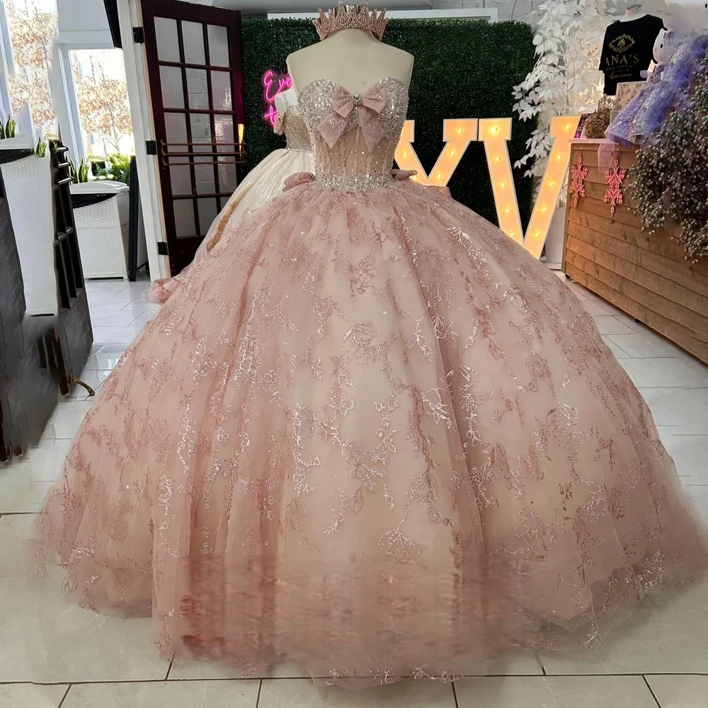 

Puffy Charro Quinceanera Dresses Ball Gown Sweetheart Lace Beaded Bow Mexican Sweet 16 Dresses 15 Anos Customized