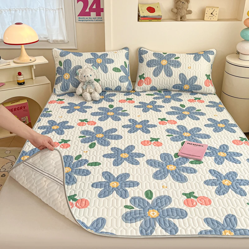 Korean-style Floral Printed Natural Latex Summer Cooling Pad with Cool-ice Texture. Single or Double Bed Cover Bed sheet