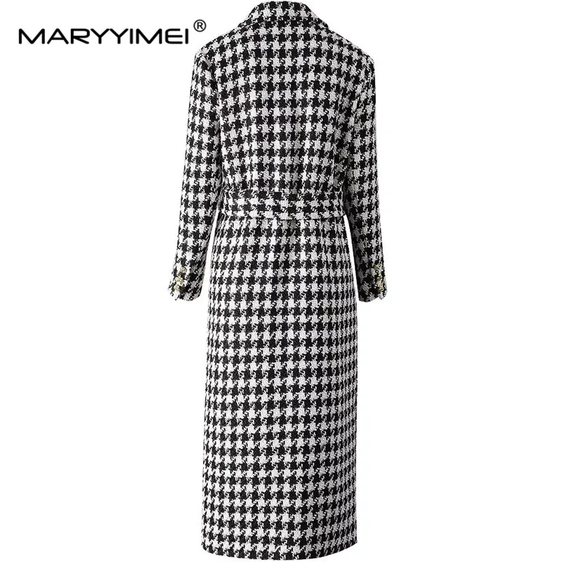 MARYYIMEI Autumn and Winter Women's Coat Turn-Down Collar Long sleeve Double Breasted Lace-Up Plaid Overcoat