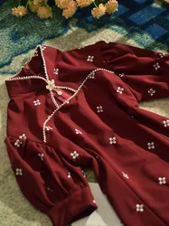 Red Embroidery Cheongsam Women Pearl Short Sleeve Fashion Dress Slim Elegant Chinese Traditional Qipao Dresses Wedding Costumes