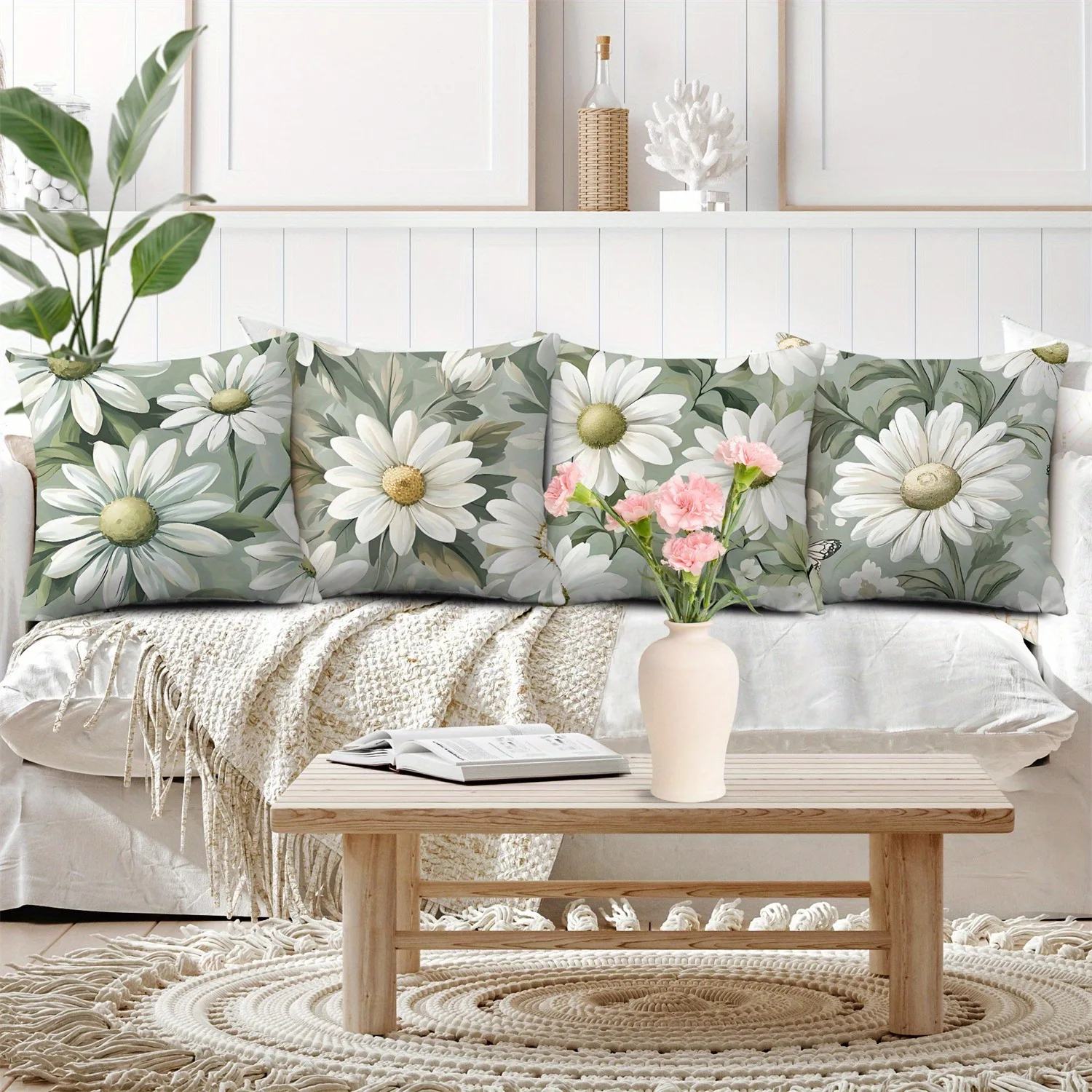 

Мягкая наволочка с изображением шалфея и ромашки: чехол для подушки с акварельной ботанической тематикой для домашнего дивана Cottage Core