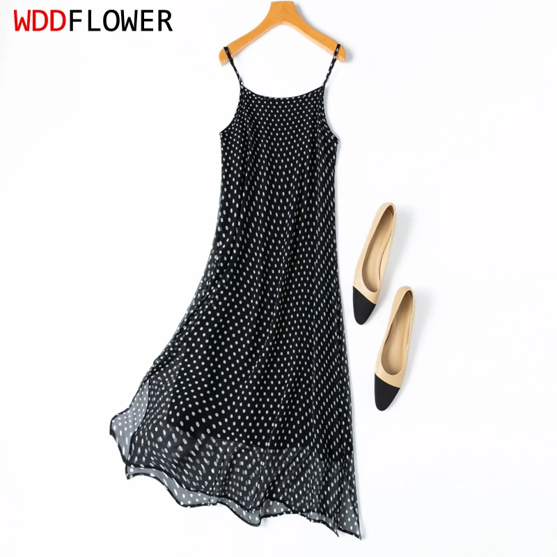 Women Chemise Dress 100% Mulberry Silk With Lining Black Dots Printed Adjustable Straps Full Slip Long Dress M1203