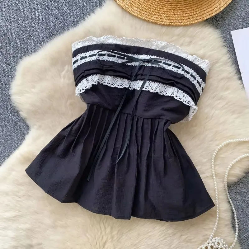 

Korean Strapless Embroidery Blouse Female Bow Slim Pleated Hotsweet Top Streetwear Backless Bohemian Vacation Camisole