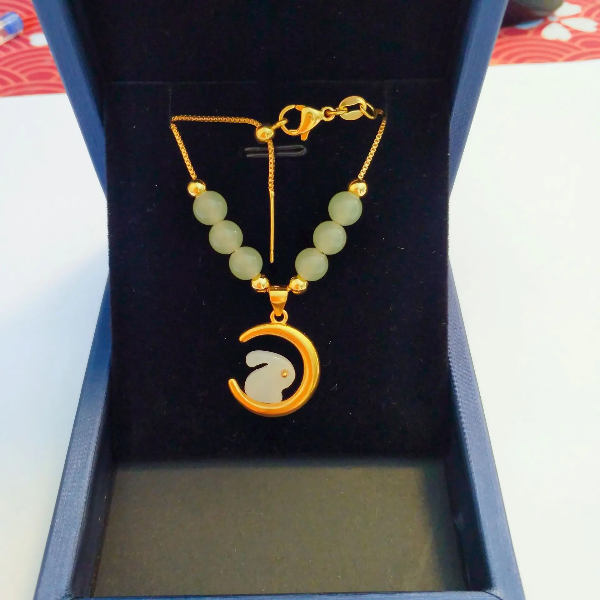 High quality pure gold necklace AU750 gold 24K Jade Rabbit looking at the moon gold bead necklace cute style clavicle chain for