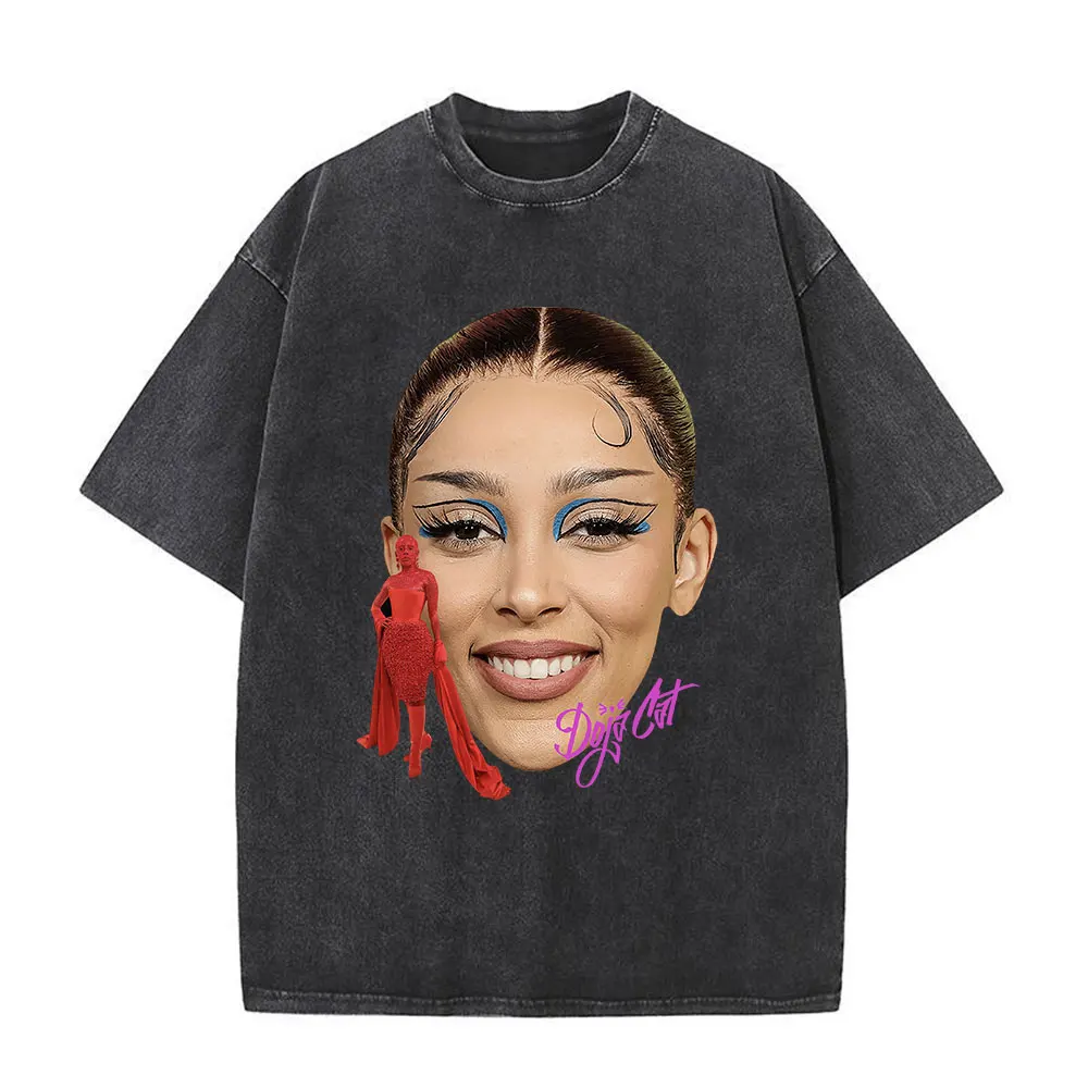 

Doja Cat Face Graphic Washed Vintage T Shirts Men's Women Clothing Fashion Harajuku T-shirt Cotton Casual Short Sleeve T-shirts