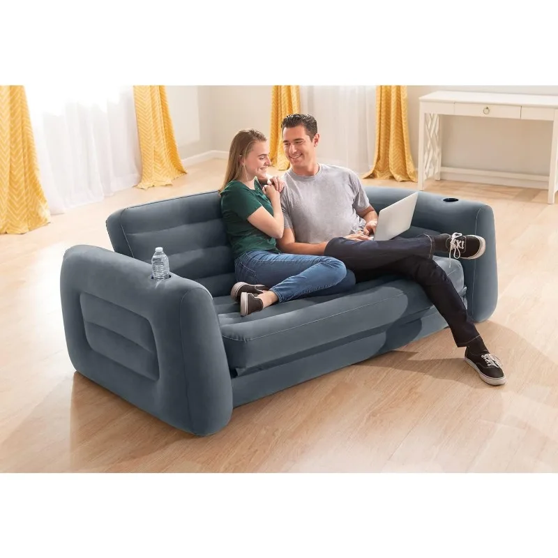 Intex 66552EP Inflatable Pull-Out Sofa: Built-in Cupholder – Velvety Surface – 2-in-1 Valve – Folds Compactly – 46