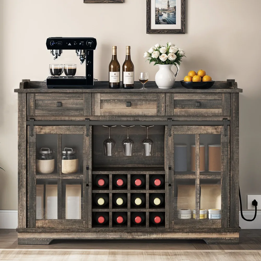 

53" Sideboard Cabinet Kitchen Liquor Storage Wine Rack Sliding Door w/ Drawers