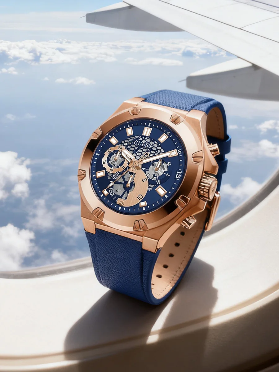 Reloj Cronógrafo Multifunción para Hombre GUESS, Caja en Tono Oro Rosa, Correa de Silicona Azul, Reloj Deportivo para Deportes, Uso Diario y Regalos