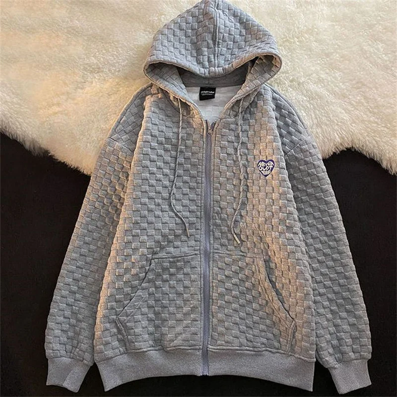 Waffle Zip up Hoodies Sweatshirt Casual Embroidery Print Zipper Hooded Pockets Couple Sweatshirt Tops Outfits Kawaii Clothes