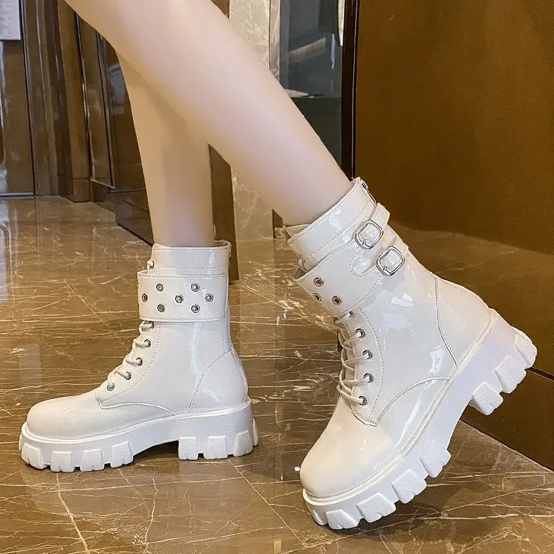 

Fashion Women's Boots Punk Style Patent Leather Casual Shoes High End Thick Sole Ankle Boots for Woman Designer Boot Botas Mujer