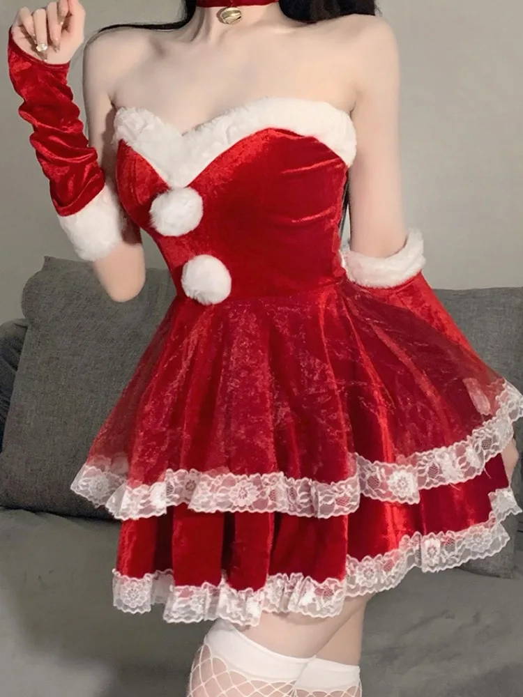 Sexy Lingerie Red Christmas Uniform Role Play Costumes Women Cute Mini Skirt Tight Blouse Set Porn College Girl Cosplay Anime