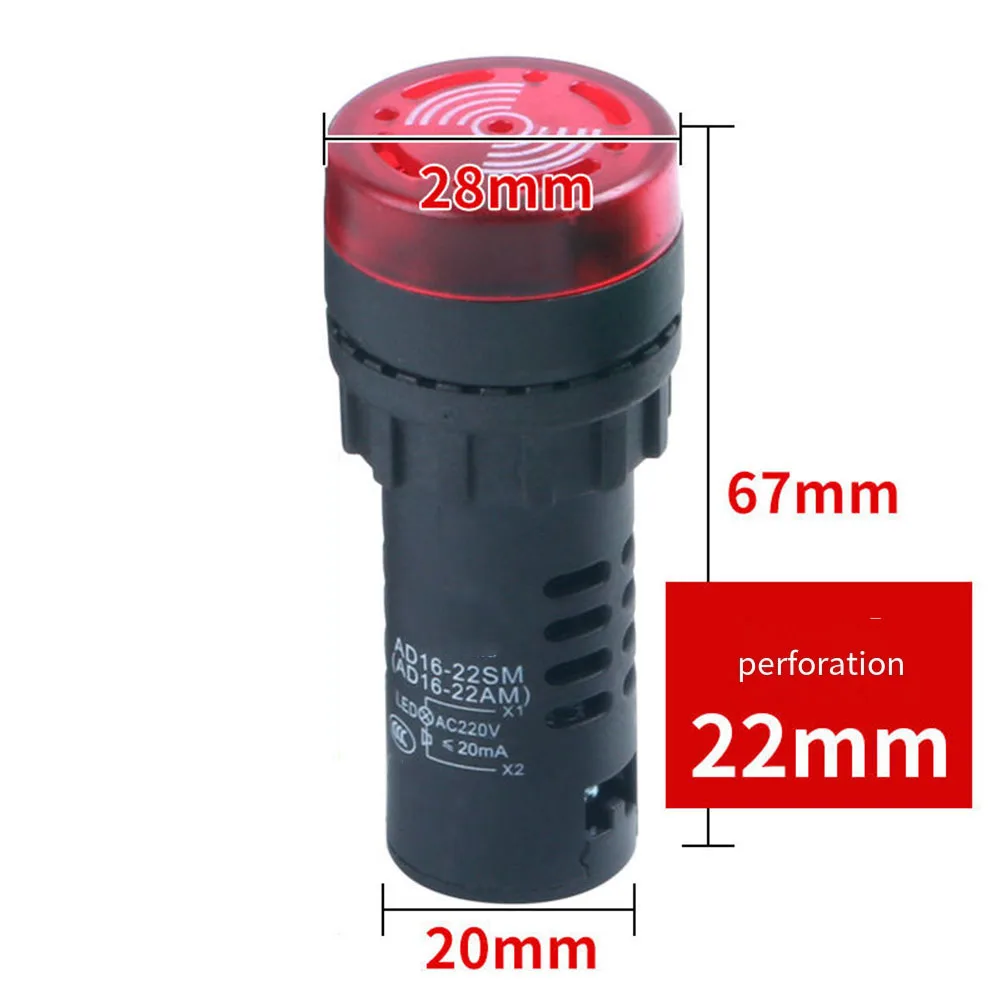 Signal lumineux LED rouge 22MM dispositif 28*67*20mm Alarme sonore AD16-22SM CA/DC12V 24V 220V Flash Buzzer