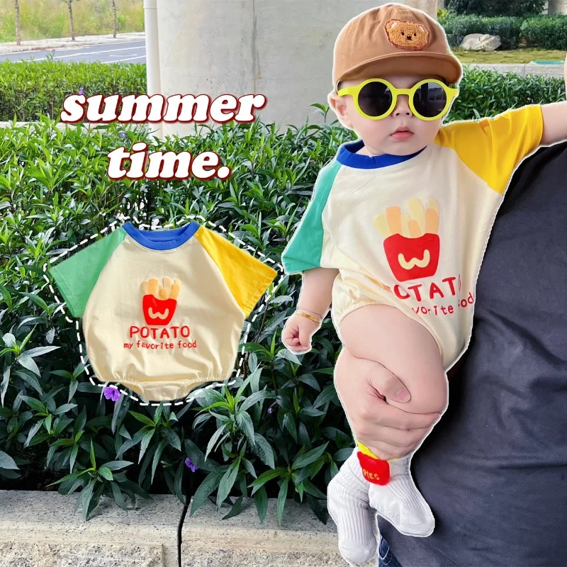 Korean Style of Loose and Trendy Baby Summer Bodysuit for 0-2 Years Old Cartoon French Fries Jumpsuit Socks Sunscreen Hat K243