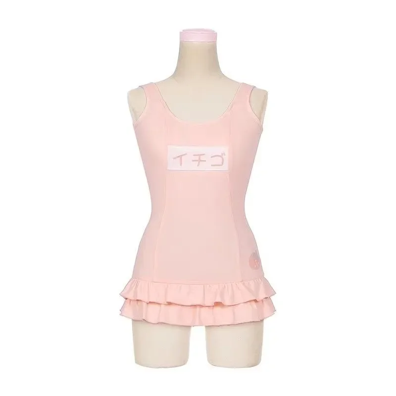 Traje de baño de una pieza con volantes de fresa Lolita para mujer, traje de baño para estudiantes, traje de baño escolar para niña, mono de Cosplay de Anime bonito