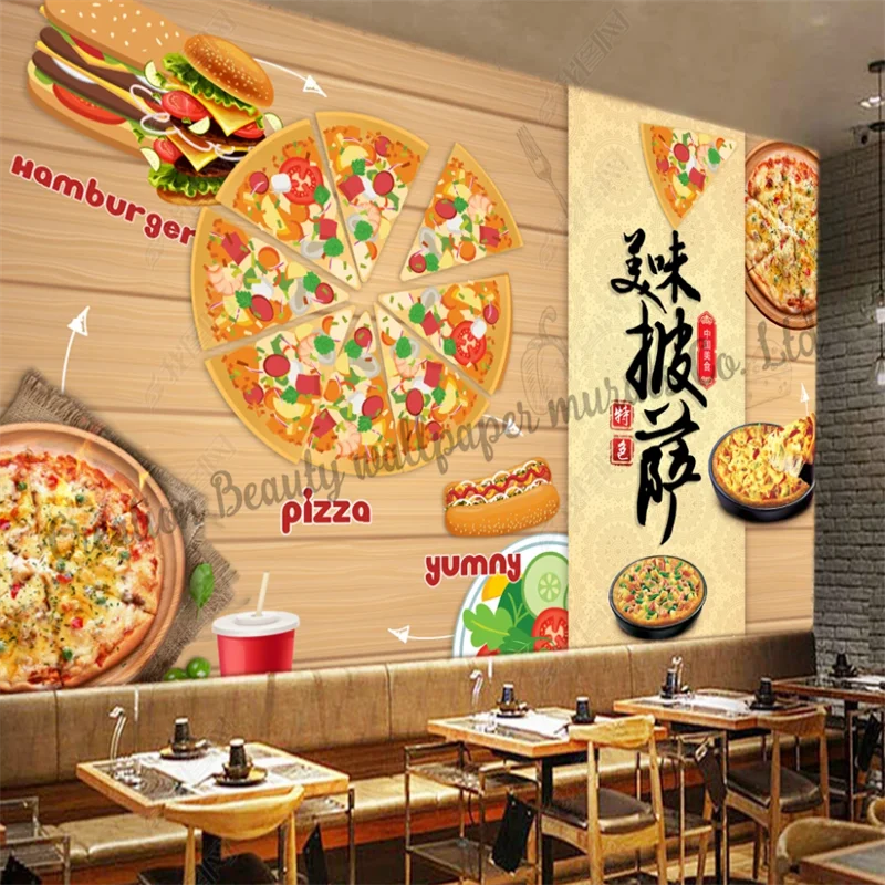 

Custom Wood Panel Hand Painted Pizza Wallpaper Industrial Decoration Mural Fast Food Restaurant Snack Bar Background Papel Tapiz