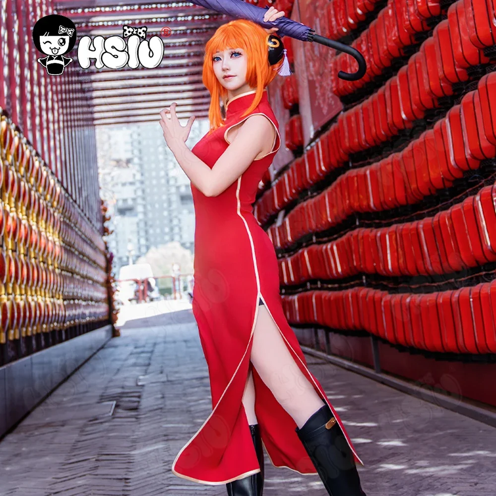 Kagura cosplay traje peruca de fibra sintética peruca 「HSIU」laranja cabelo curto vermelho sem mangas cheongsam anime gintama kagura trajes peruca