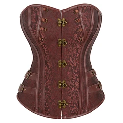 Waist Trainer Brocade Steampunk Jacquard Faux Leather Studded Overbust Brown Corset Bustier S-6XL