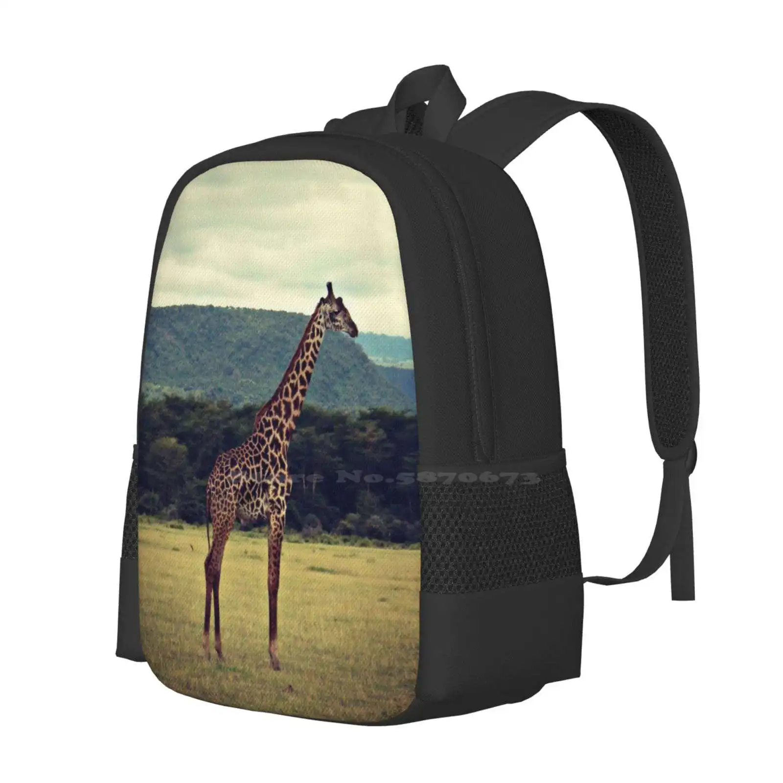 Stiff Sentinel ( Giraffe In Profile ) Fashion Pattern Design Travel Laptop School Backpack Bag Giraffe Tanzania African Safari