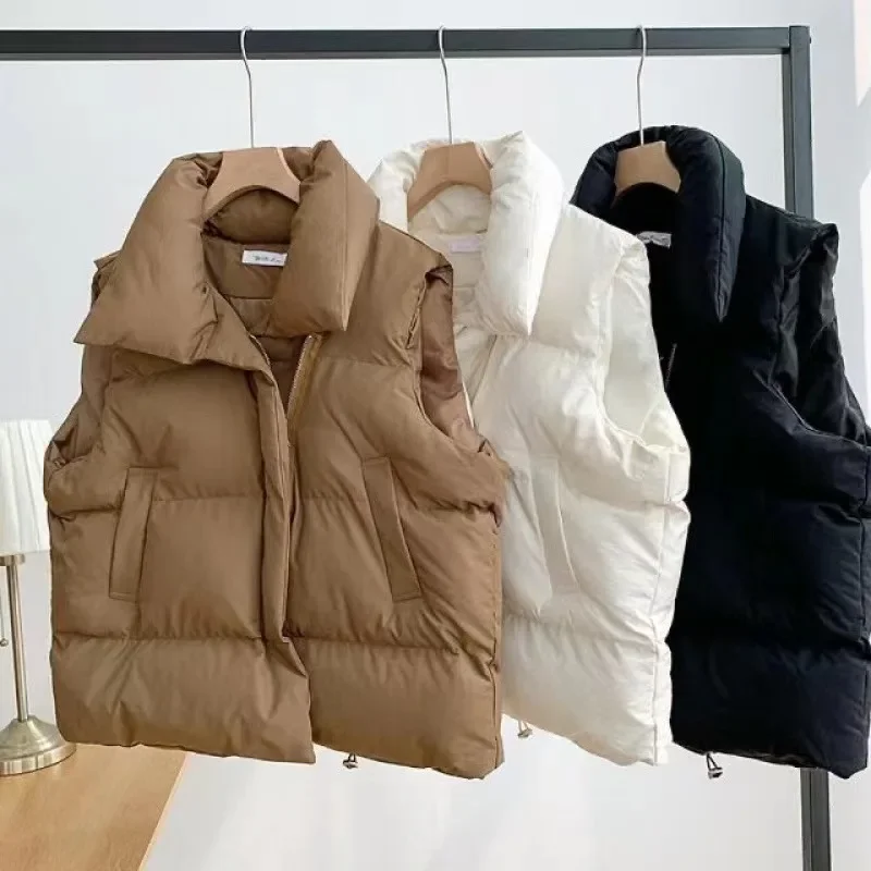 Korean Women Sleeveless Down Jacket Stand Collar Elegant Down Coats Warm Outerwear Casual Belt Winter Female Cotton Vests Jacket