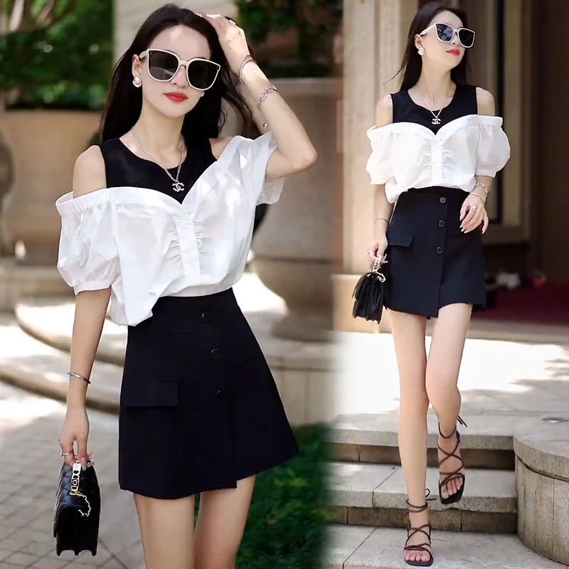 

Fashionable Korean Style Shirt Design High Waist Short Sleeve Fake Two-Piece Shoulder Bared Top Women's Summer New Arrival