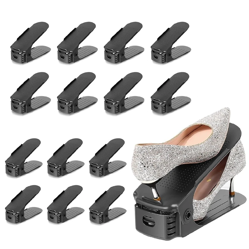 15 Pack Shoe Slots Organizer, Adjustable 4-Level, 50% Space Saver, Double Layer Design for Closet (Black) Retail