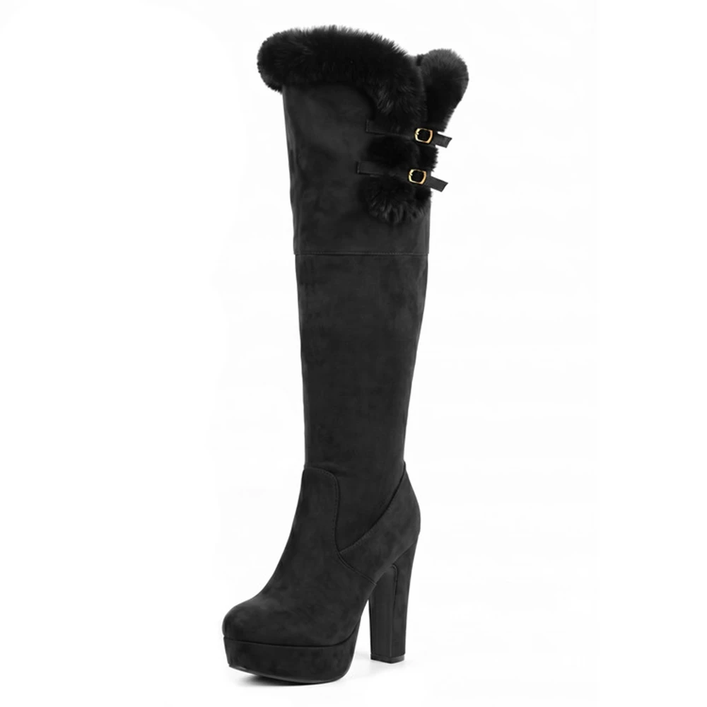 QPLYXCO Overknee-Stiefel mit hohem Absatz für Damen, Iner-Reißverschluss, pelziger Besatz, Plateau-Langstiefel, große Größe 34–43, Winterschuhe 10–13