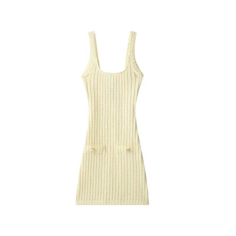 

Summer Yellow Knitted Mini Dress for Women Casual Elegant Beach Party Festival Pocket Detail Elegant Vest Dress