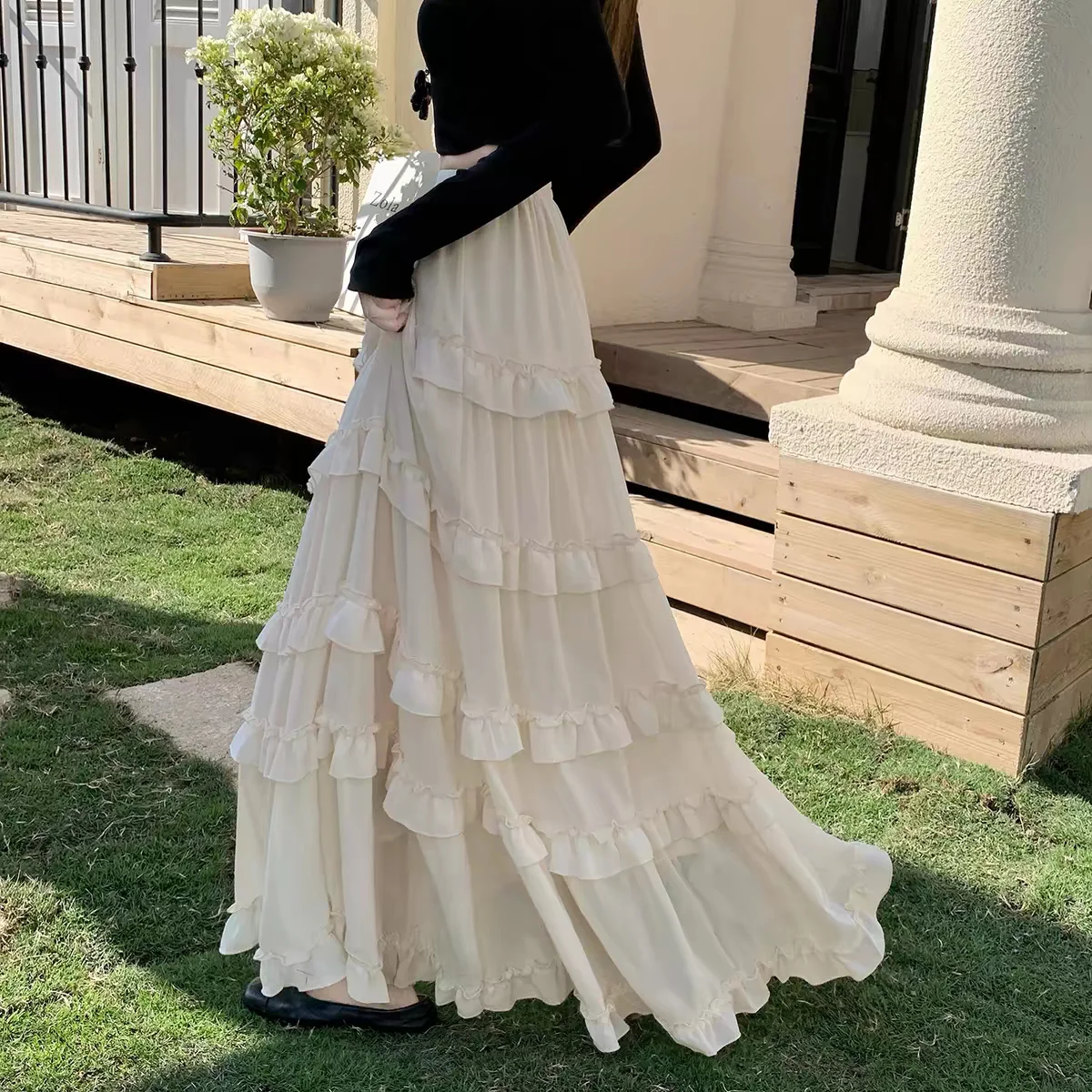 Saia Longa Branca Retrô para Mulheres, Cintura Alta, Elegante, Vintage, com Renda, Estilo Coreano, Casual, para o Verão, Tamanhos Grandes