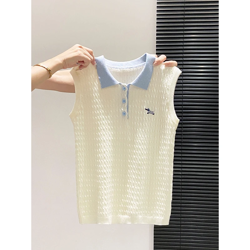 Color-blocking Llapel Embroidered Knitted Vest for Women, New Summer Style, Loose-Fitting, Youth-reducing, Sleeveless Top
