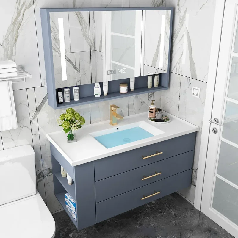 

Luxury Bathroom Cabinets with Sink Smart Mirror Integrated Ceramic Washbasin Bathroom Vanity Organizer Gabinete Trendy Furniture