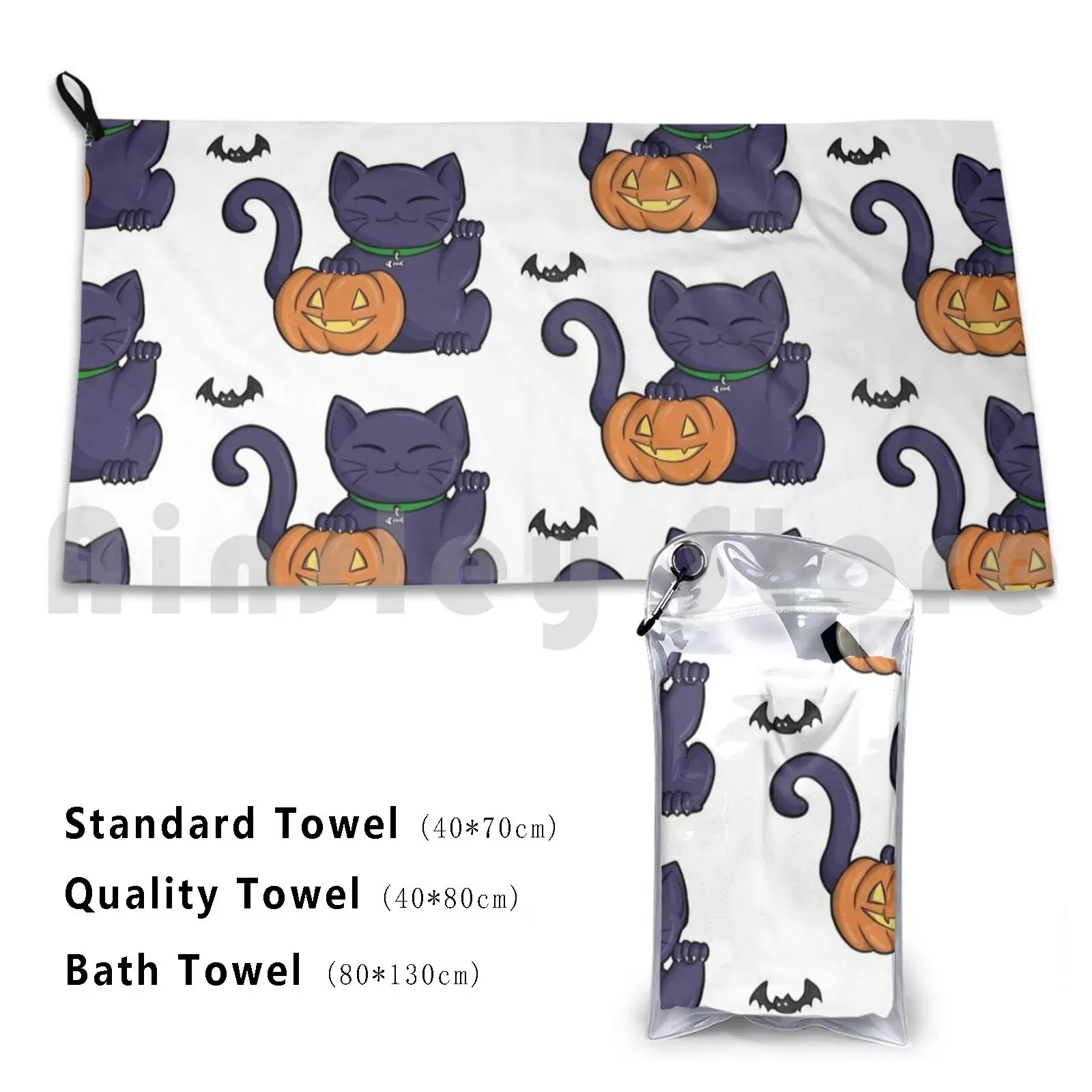 Halloween Luck Custom Towel Bath Towel Maneki Neko Neko Cat Luck Cat Lucky Lucky Cat Halloween Pumpkin Bats