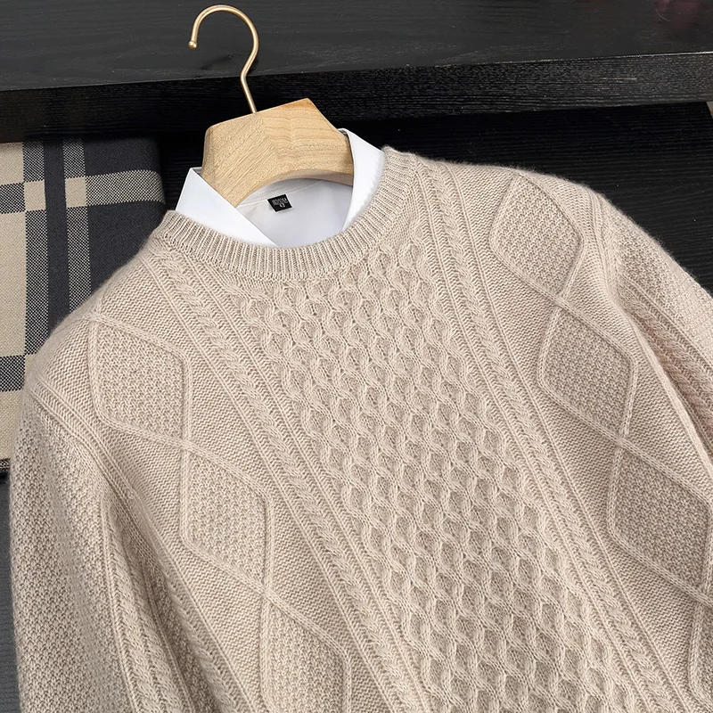 Autumn and Winter New 100% Cashmere Sweater Men's Round Neck Thickened Knitted Pullover for Casual Warmth Long Sleeve Men's Wear