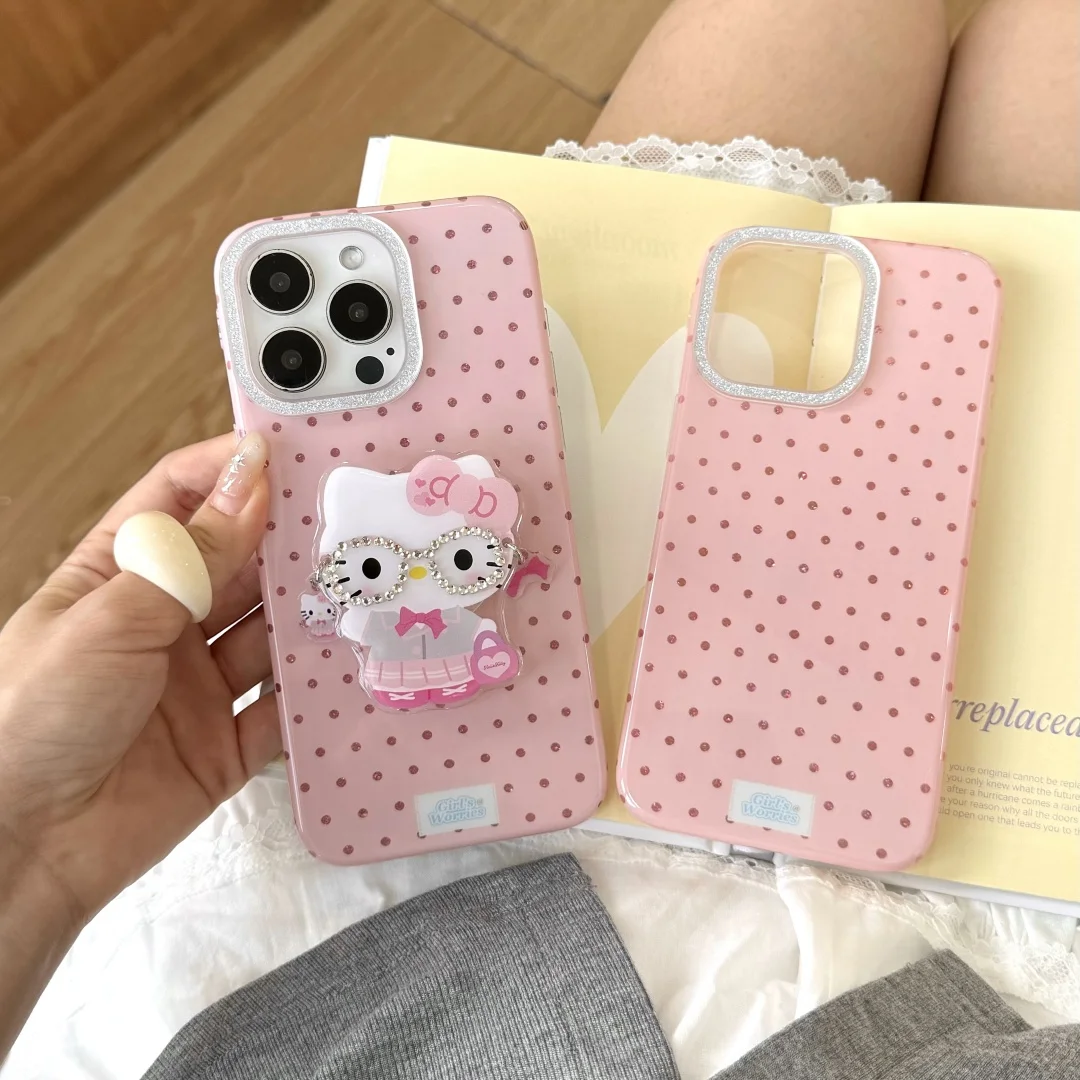 

Korea Pink Polka Dot Hello Kitty Grip Tok Bracket Holder Phone Case For iPhone 16 15 Pro Max 14 Plus 13 16E Plus Cover﻿