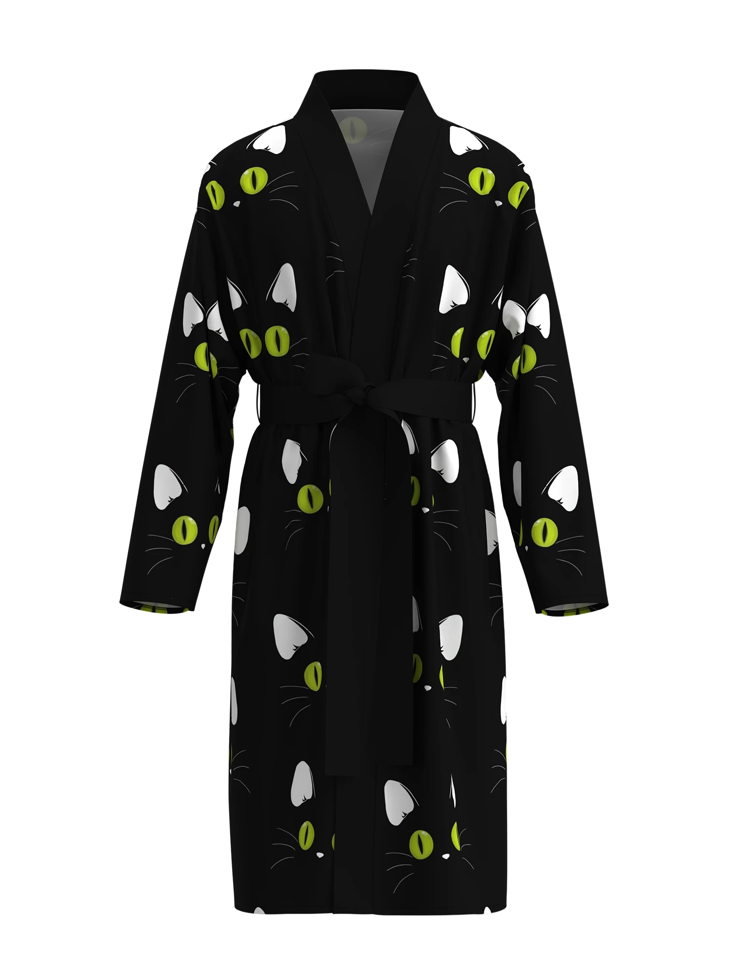 

Men's cool black cat silhouette printed bathrobe, mysterious green-eyed cat pattern long-sleeved home clothes, casual nightgown