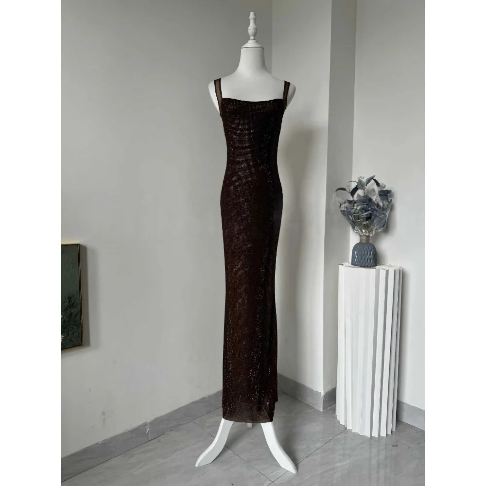 Neues 2026 Damen Luxus-Abendkleid mit Strass, tiefem V-Ausschnitt, figurbetontem Maxikleid, Spaghettiträgern, formelles Partykleid – Detail 3