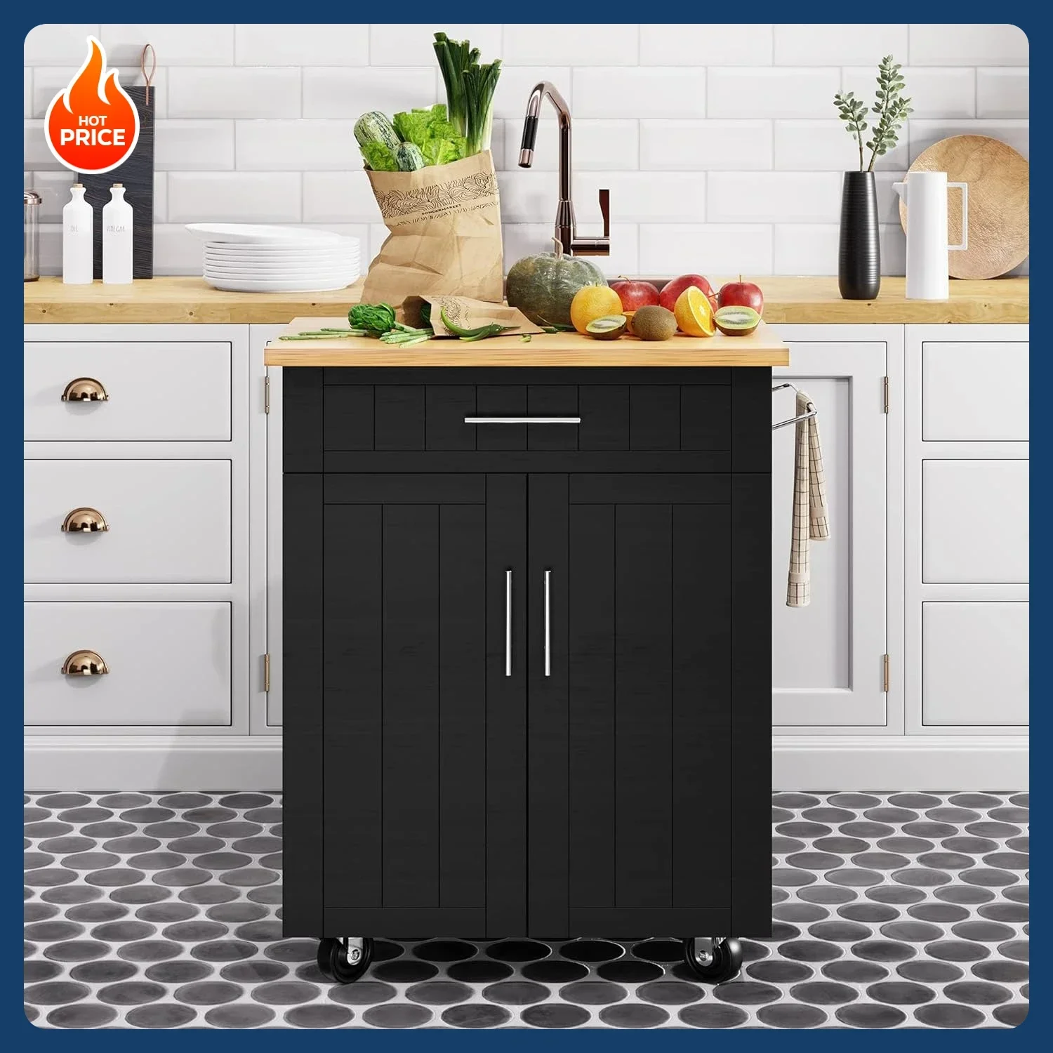 [Best Seller!]Kitchen Island Cart with Storage,Rolling Kitchen Island Side Table on Wheels with Worktop,Single Door Storage Cabi