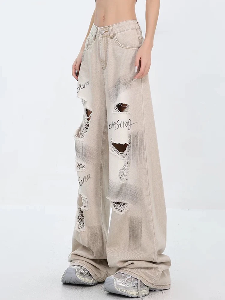 Summer New Basic High Waist Street Women Jeans Chic Hollow Out Fashion Letter Printing Loose Casual Simple Female Wide Leg Pants