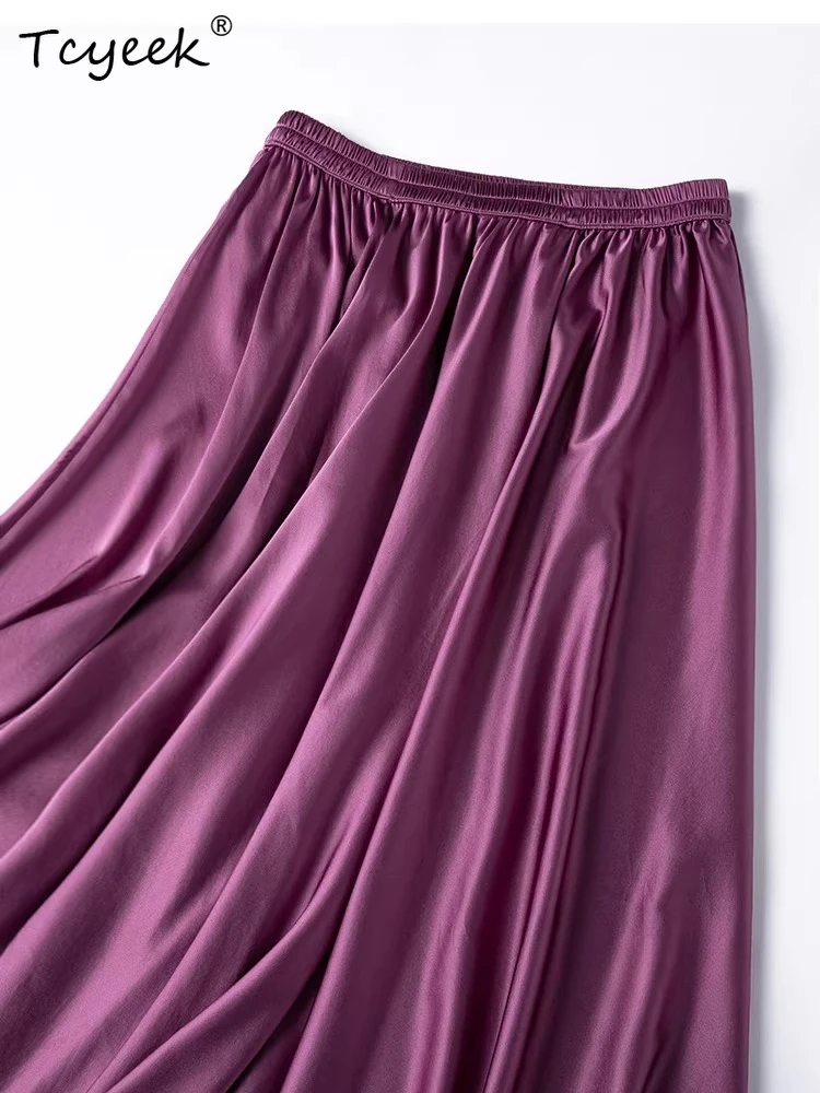 Tcyeek 92% Real Silk Long Skirts 21MM Silk Women Clothes 2026 Summer Elastic Waist Stretchable Elegant Skirt Faldones Para Mujer