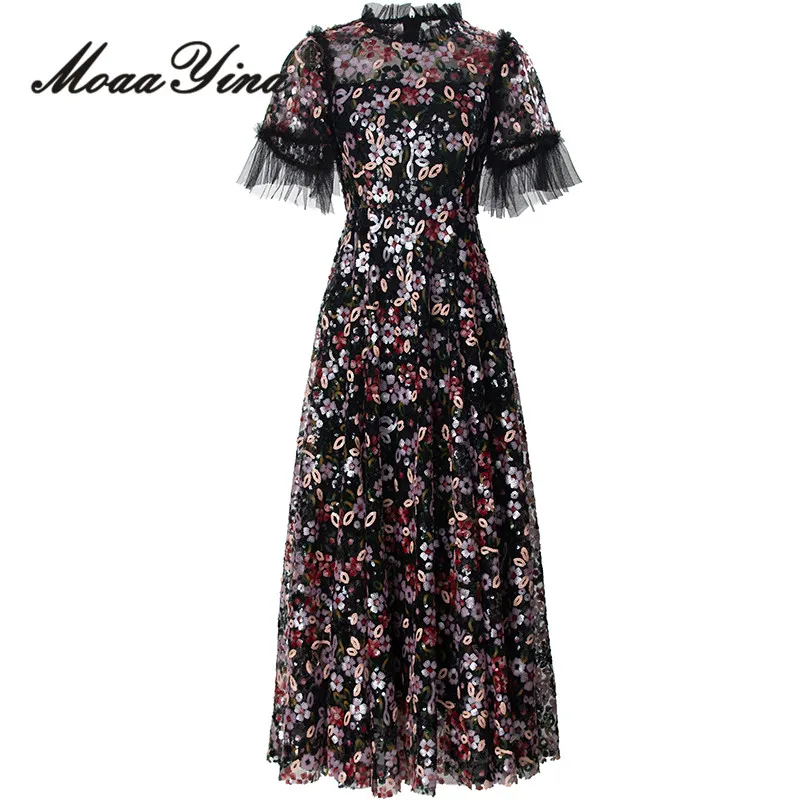 

MoaaYina Fashion Designer Summer Women's Dresses Gorgeous Bohemian Flowers Sequins Net Yarn Temperament Dresses Sizes S-4XL