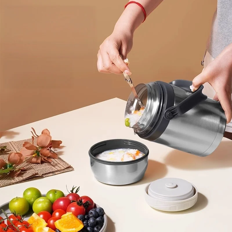 HAERS 1L Thermal Cooker Jar 304 Stainless Steel Leakproof Food Insulated Jar with Tableware Ideal for Congee Noodles Office Use
