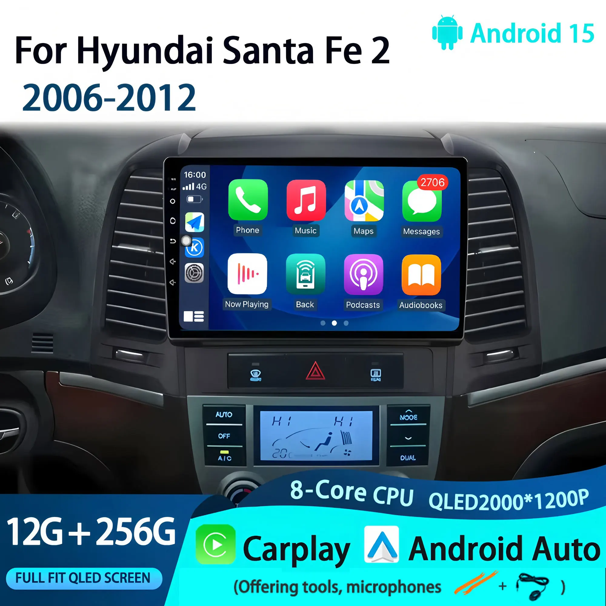 GPS Navigation Carplay Android Auto Android 15 For Hyundai Santa Fe 2  2006-2012 Auto Radio Stereo Multimidia Player 2k