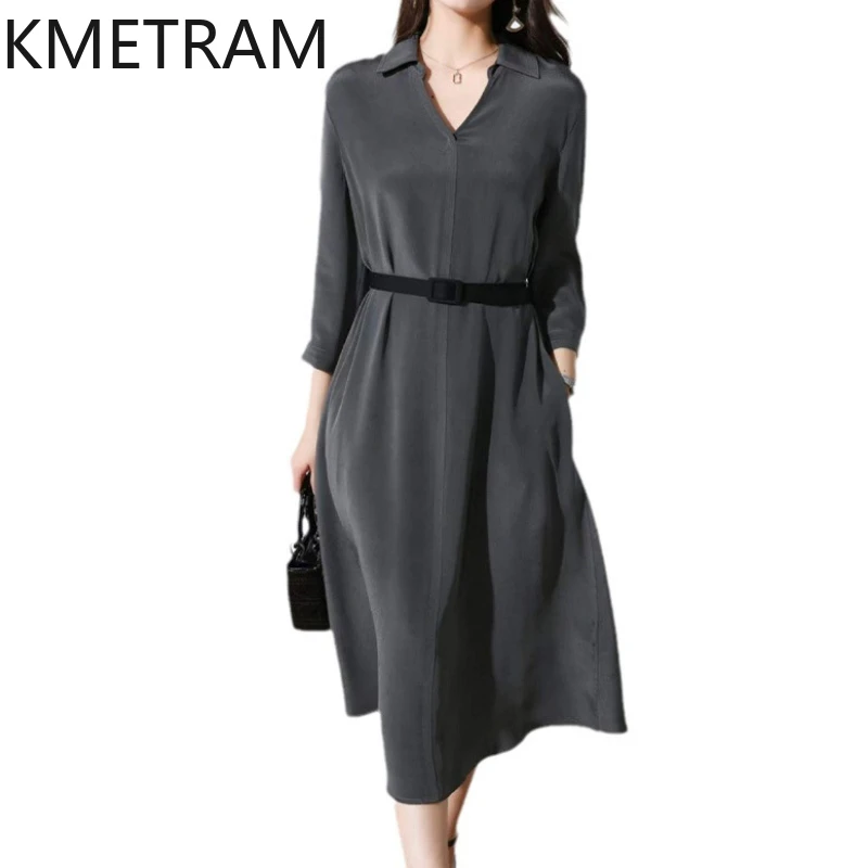 KMETRAM Mulberry Silk Summer Dress Women 2024 High-end A-Line Skirt Elegant Women's Dresses Mid-length Women's Clothing New